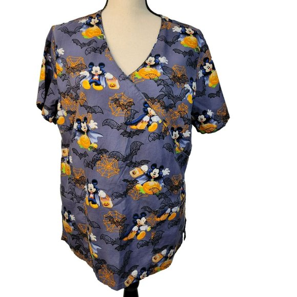 Disney Tops - Disney Womans Size Large Scrub Top Mickey Mouse Halloween Vampire Pumpkin Bat
